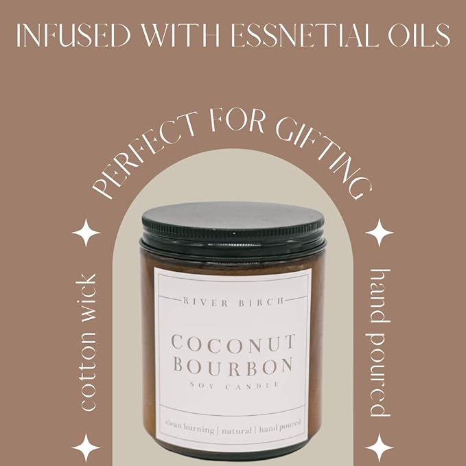 River Birch Candles Coconut Bourbon Scented Candle | Premium, All-Natural, Non-Toxic, Soy Amber Jar Candles | 8.5oz 40 Hr Burn Time | Cozy Relaxing Gifts for Home