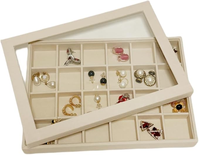 Top Lid for Large Beige Premium Quality Velvet Jewelry Display Box Tray Stackable Practical Trade Show Home Store Glass Lid