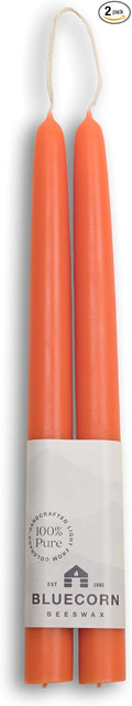 Bluecorn Beeswax Taper Candles, 100% Pure Natural Bees Wax, Pair of 10 Inch Orange Tapered Candlesticks, Clean Burning & Dripless, Fragrance Free, Long Lasting, Home Decor, American Made, 1 Count
