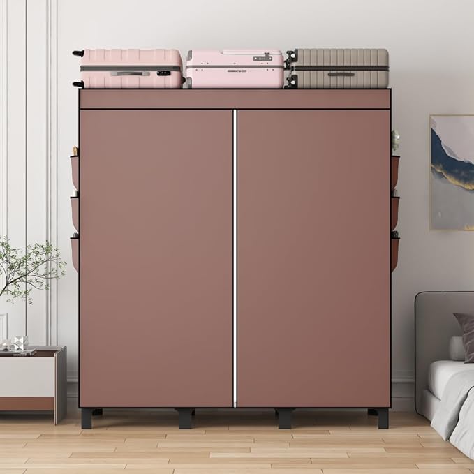 Portable Wardrobe, Easy Hanging Closet 6 Side Pockets Large Capacity Clothes Organizer Comes with 2 Hanging Poles and Storage Shelves, Width 130cm, Depth 45cm, Height 172cm (Coffee)