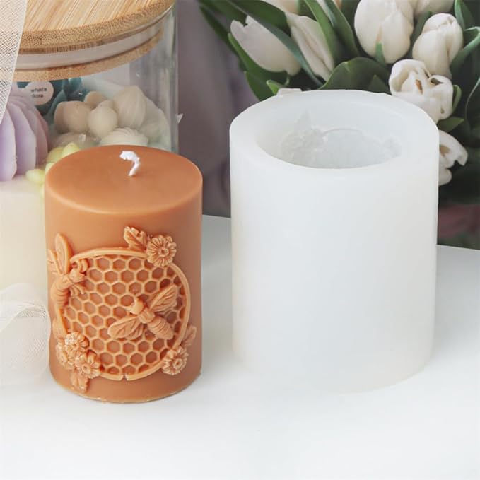 Bee Honeycomb Flower Cylinder Candle Mold, Honeybee Beehive Pillar Silicone Mold for Beeswax Candle, Soy Wax Candle, Plaster Ornament, DIY Crafts (E)