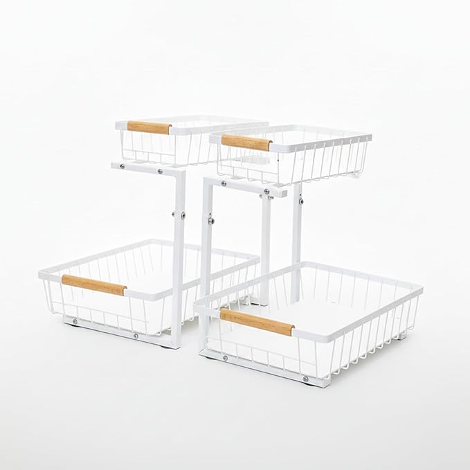 Under Sink Organizer 2 Pack, 2 Tier Pull Out Cabinet Organizers and Storage for Kitchen Bathroom Pantry Laundry, Adjustable Height, Slide Out Thickened Metal Storage Shelf (White, 2 Pack)