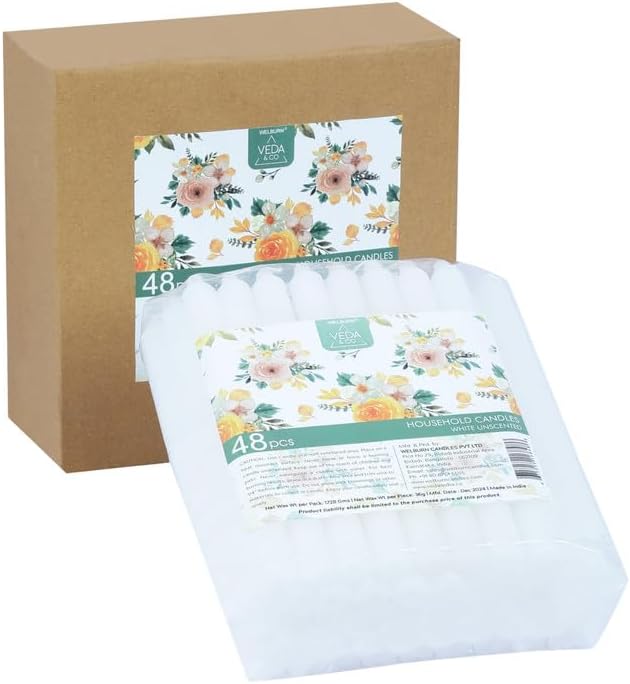Welburn Veda&Co™ Church Candles, Household, Emergency - Pack of 48, 16mm x 8" (7 Hours Burn Time), 100% Fully Refined Paraffin Wax, for Memorial, Christmas Eve, Shabbat (White)