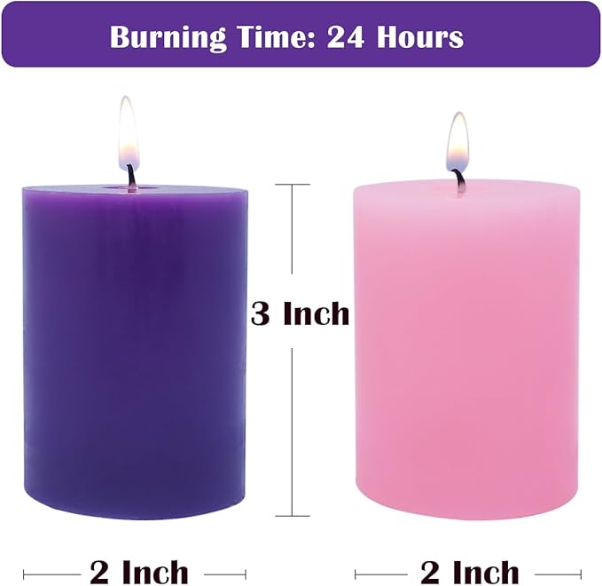 Set of 4 2x3 Inch Advent Pillar Candles, Dripless Unscented Purple and Pink Candles for Christmas Advent Holiday Season - 24 Hours Burn Time