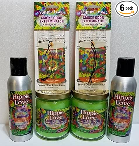 Smoke odor Exterminator Hippie Love Includes Two 13 oz Jar Candles Two 7 oz Spray & Two Car Hangers All in One Bundle.