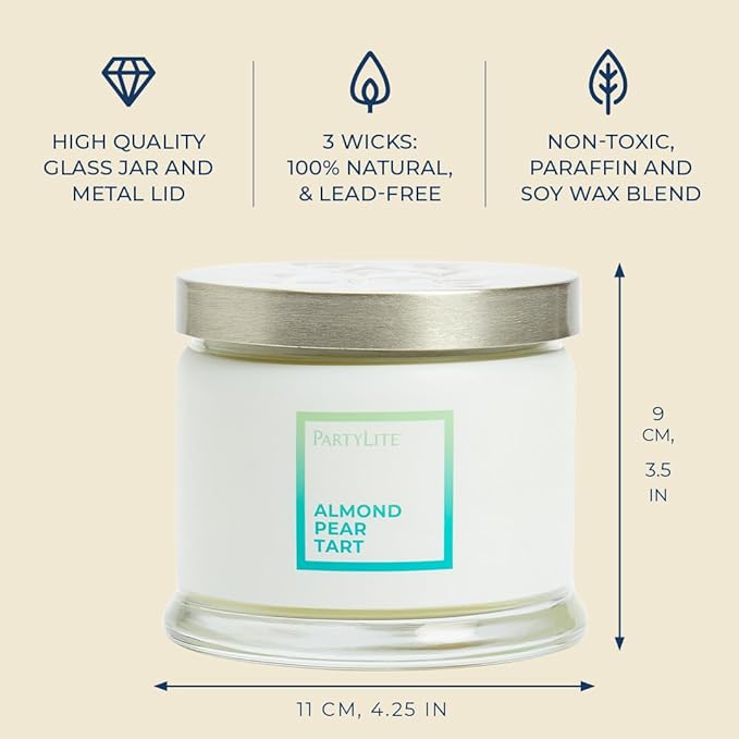 PartyLite 3-Wick Jar Candle, Highly Fragranced Clean Burning Glass Candle, 25-45 Hours Burn Time (Almond Pear Tart)