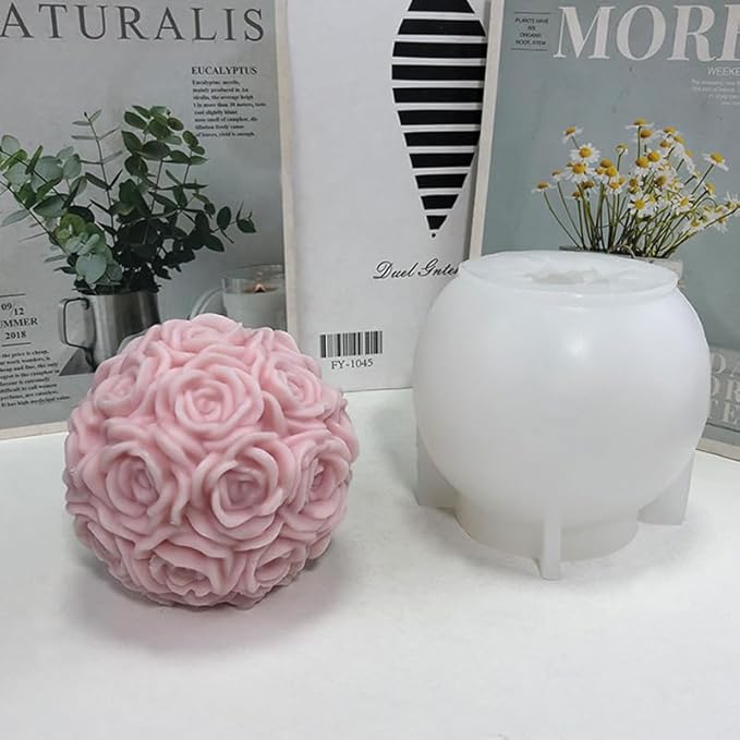 Cestony Valentine's Day 3D Large Rose Ball Candle Silicone Molds for Making Candle Resin Pillar Aromatherapy Gypsum Candles Wax Soap Flower Specimen Clay Craft