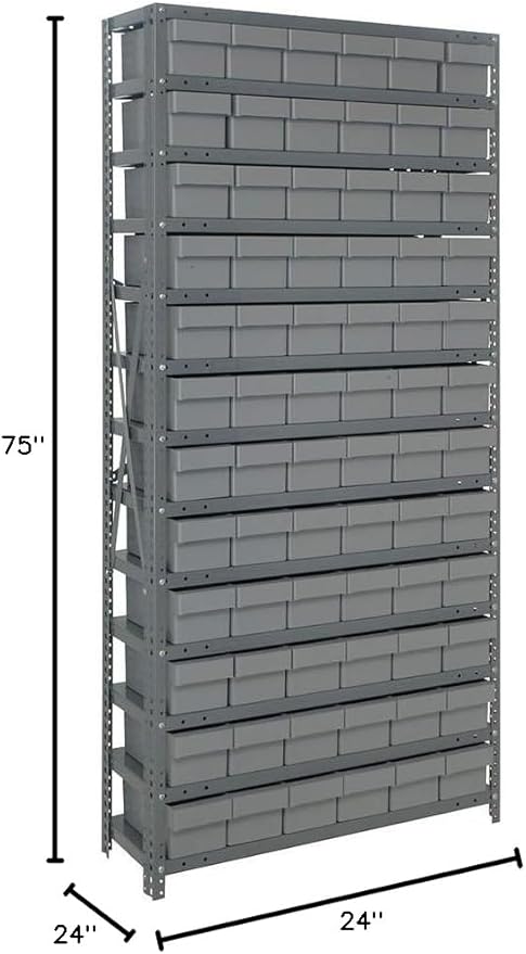 Quantum 2475-603BL Heavy Duty Shelving Unit with (13) Shelves and (72) QED603 Blue Bins for Industrial Warehouse Storage Distribution | 400 lbs Capacity | 24"D x 36"L x 75"H, Galvanized Carbon Steel