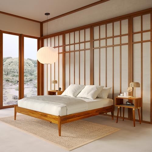 Bme Dinkee Wooden Queen Bed Frame, 15 Inch Height, Elegant Minimalist Modern Design with Japanese Joinery, Durable Wood Slats for Reliable Support, No Box Spring Required, Caramel