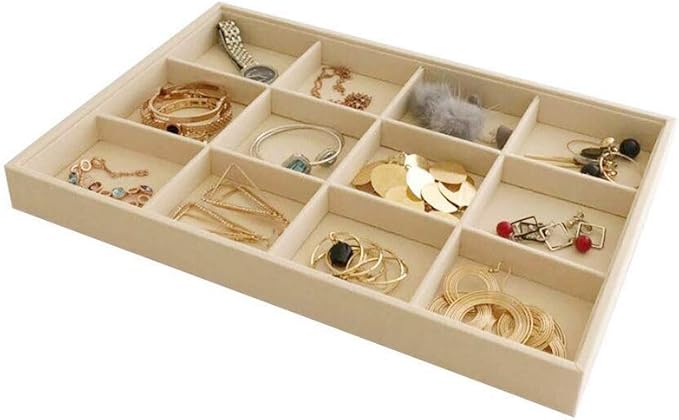 Large Stackable Jewelry Display Tray Case Organizer Premium Velvet Soft Light Beige Home Store Sales Shows (12 Grid)