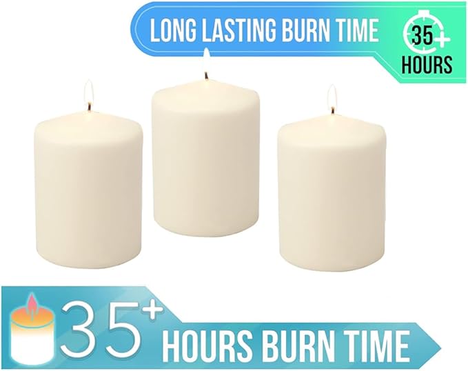 Stonebriar 3 Pack Tall 3 x 4 Inch 35 Hour Long Burning Unscented Ivory Wax Pillar Candles