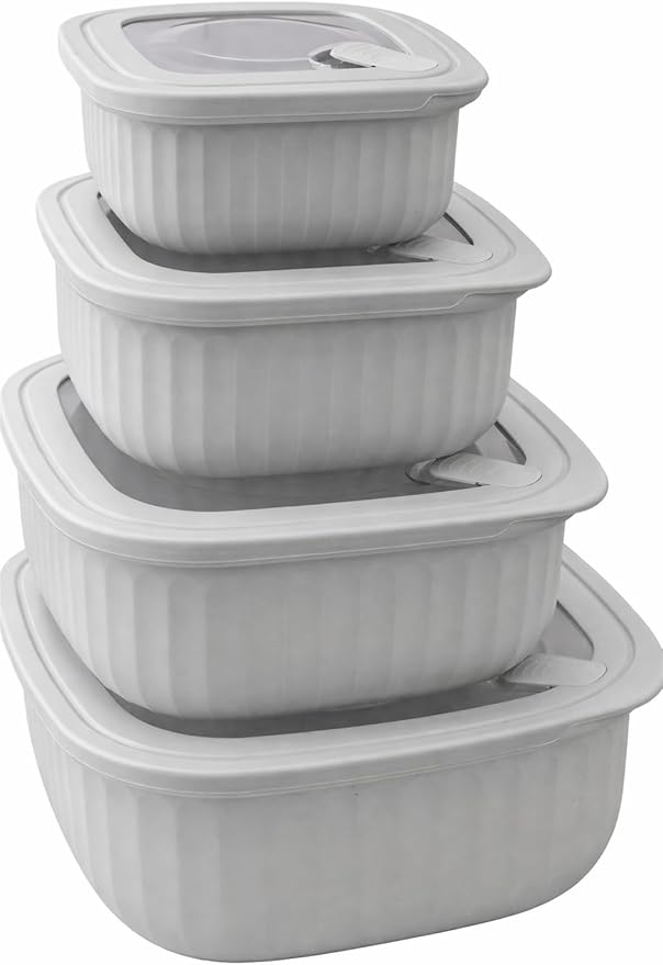 Set of 4 BPA-Free Square Food Storage Containers Assorted Sizes, Microwave & Freezer Safe Nesting Design for Leftovers Meal Prep Fridge Organization Dry Grains (Gray)