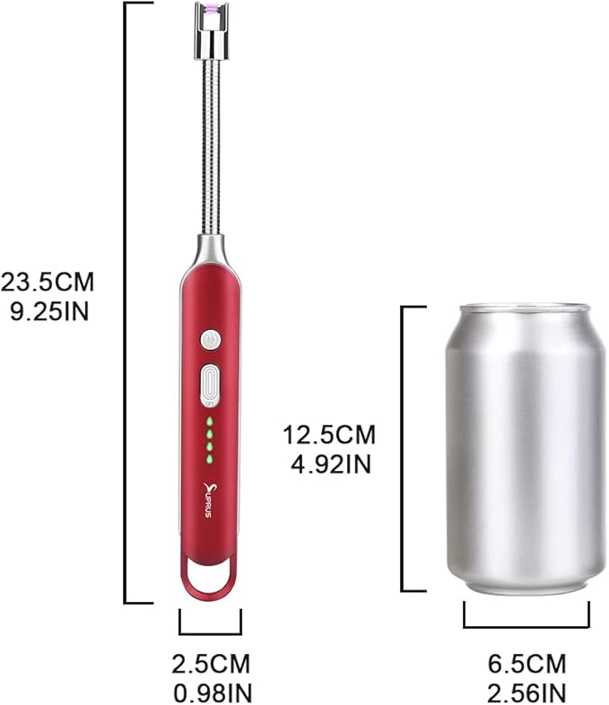 SUPRUS Electric Rechargeable Arc Lighter with LED Battery Display Long Flexible Neck USB Lighter for Candle Cooking (Red, 3Packs)