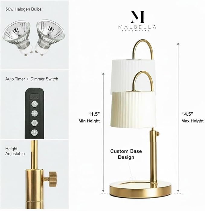 Dimmable Glass Candle Warmer Lamp with Timer - Adjustable Height Candle Lamp Warmer with Timer (8H/4H/2H) - Wax Melter - Ideal Gift, fits Various Size Scented Candles - 02 Bulb - (Gold Metal)