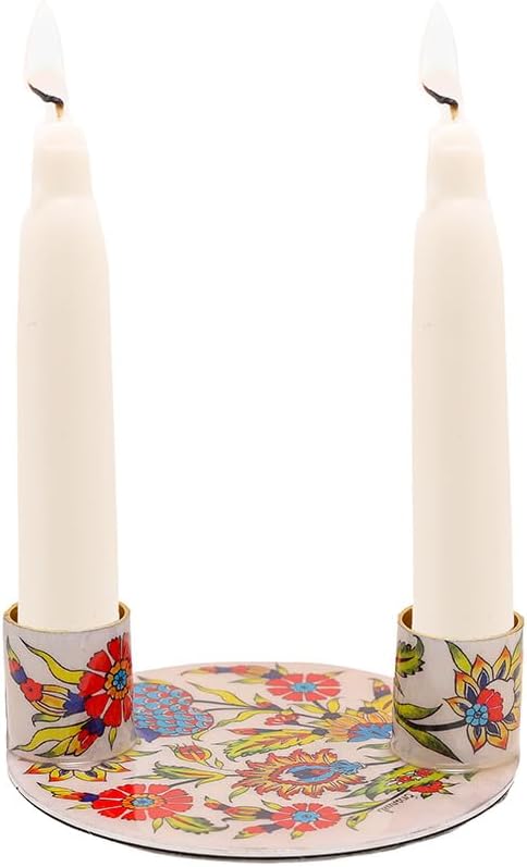 Yair Emanuel Flat Plate Candle Holders for Shabbat 4 Inch Vibrant Pattern Design Modern Judaica Gift (CSE-7 Pomegranates 2)