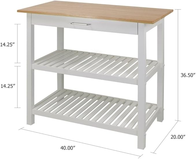 Solid Wood Kitchen Island with Drawer, 2 Open Shelves, White Base and Natural Top, Island Table for Kitchen Storage and Food Prep