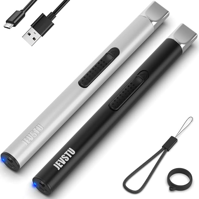 Candle Lighter, Electric USB Rechargeable, Arc Plasma Electronic Windproof Flameless Long Lighter with Safety Switch Hook for Kitchen, Silver and Black
