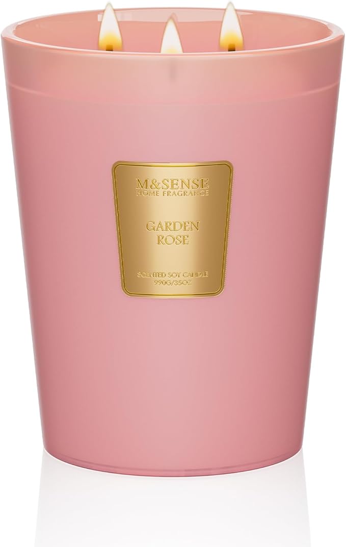 M&SENSE Garden Rose Scented Candle 35oz 150H Burn Time Long Lasting, 3-Wick Natural Aromatherapy Candle, Home Fragrance Housewarming Gifts