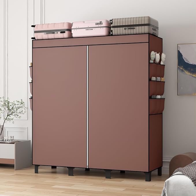 Portable Wardrobe, Easy Hanging Closet 6 Side Pockets Large Capacity Clothes Organizer Comes with 2 Hanging Poles and Storage Shelves, Width 130cm, Depth 45cm, Height 172cm (Coffee)