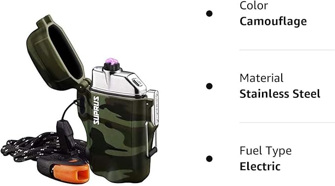 SUPRUS Waterproof Lighter 3 Modes of Flashlight Windproof Lighter Dual Arc Electric Lighters Rechargeable Dual Arc Plasma Lighter with Survival Emergency Whistle and Lanyard Camouflage