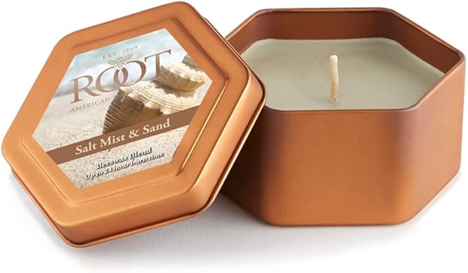 Root Candles Scented Candles in Travel Tin 24-Hour Honeycomb Traveler Handcrafted Beeswax Blend Candle, 4-Ounce, Salt Mist & Sand
