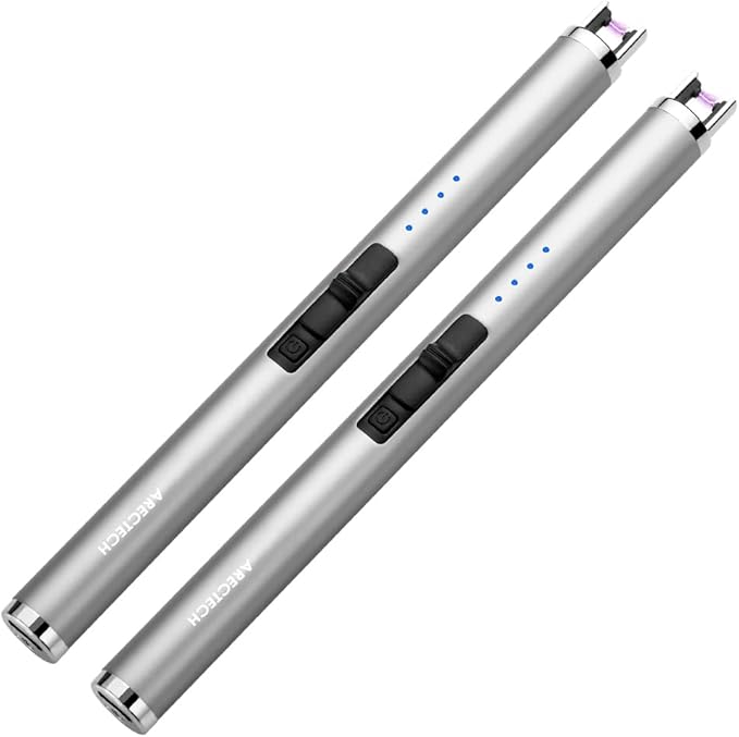 ARECTECH Rechargeable Electric Candle Lighter, Christmas Stocking Stuffers Gifts for Mom Men Wife, Arc Plasma Windproof Lighter for Candle Kitchen Birthday with Type-C Cable, Silver 2 Pack