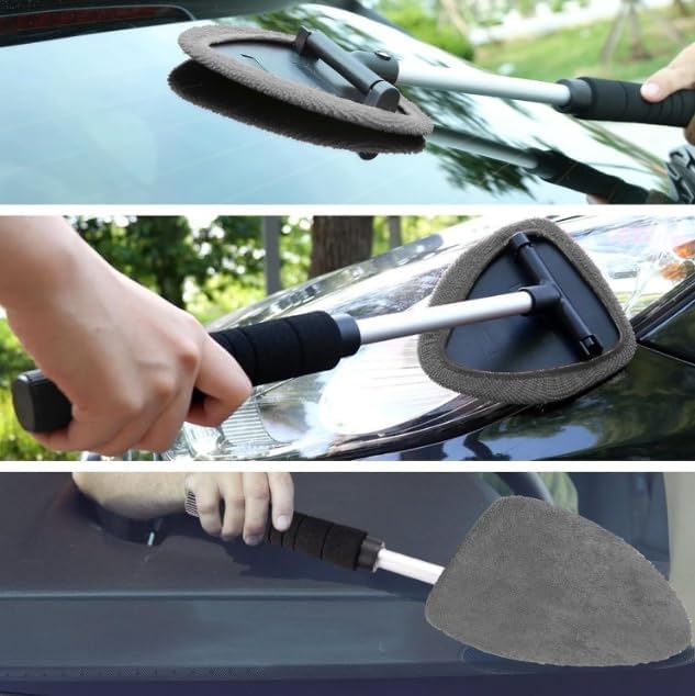 IBHOO Windshield Cleaning Tool, Microfiber Car Window Cleaner with 4 Reusable and Washable Microfiber Pads and Extendable Handle