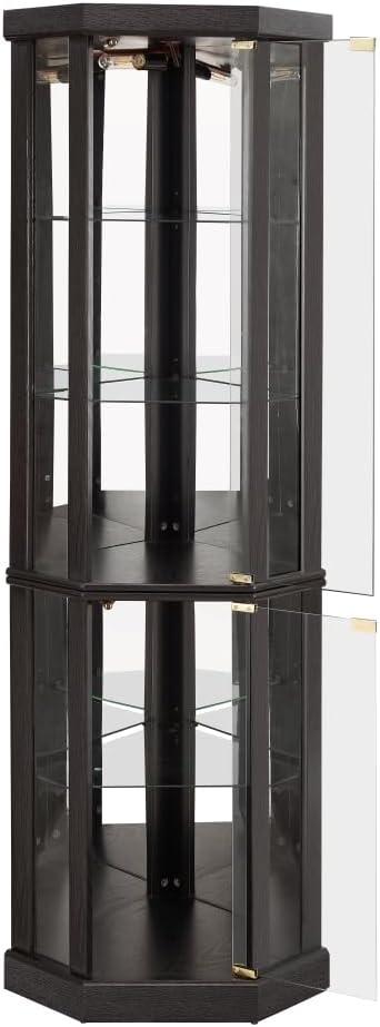 Corner Lighted Glass Curio Cabinet for Living Room Space Saving Vertical Tall Display Case with Light for Antique Wine Bar Glass Storage (Black)