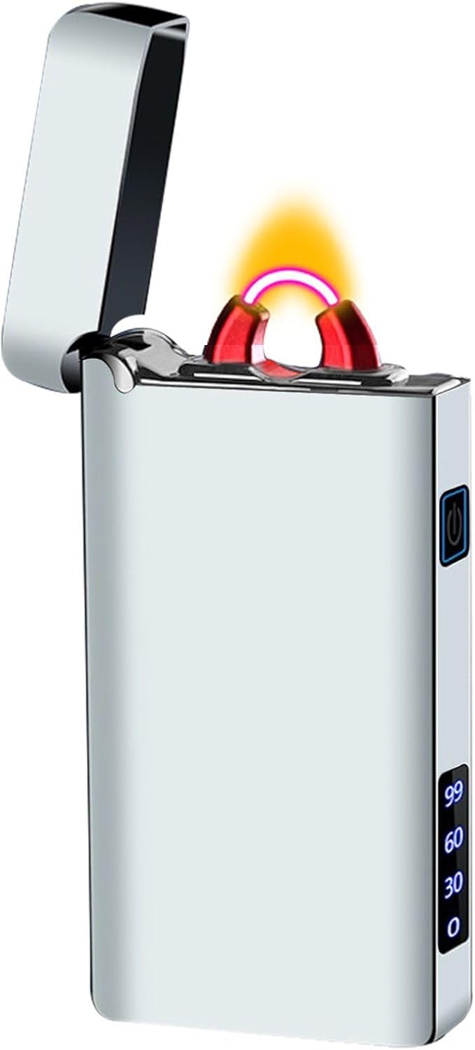 Electric Lighter Rechargeable USB Type C Lighter Plasma Arc Big Flame Lighters Windproof Electronic Cool Unique Lighters with Digital Power Display for Candle, Incense, Fireworks (Ice Silver)
