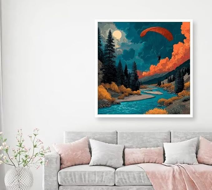 Diamond Art Kits for Adults Paragliding Diamond Painting Kit River, DIY Crafts for Adults 5D Full Square Drill Gem Art Embroidery Painting Kit for Wall Decor, Birthday Girl 15.8x15.8 Inch 0-C943