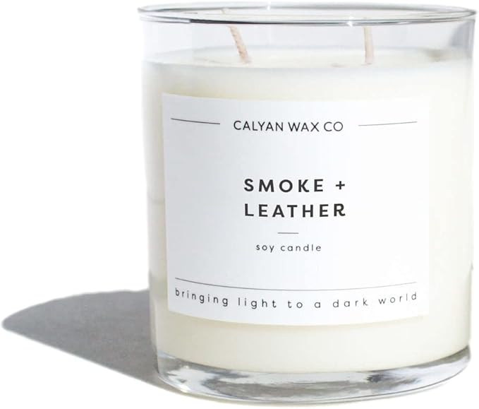 Calyan Wax Co. Smoke & Leather 2 Wick Scented Candle - 37 Hour Burn - Luxury Non Toxic Soy Wax Candles - Long Lasting Large Glass Jar Candle for Home - 8.8oz