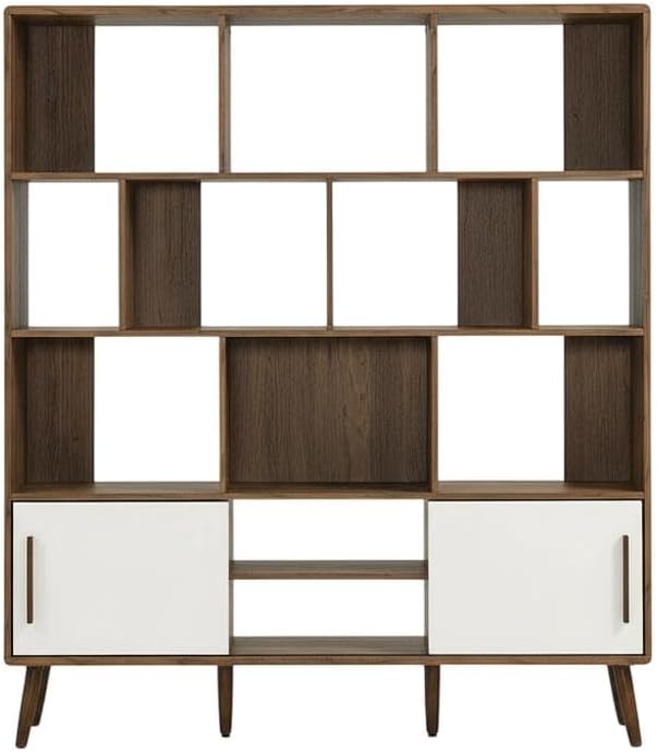 Furnifact Walnut Linen Bookcase with Sliding Doors, 59-Inch Tall Storage Cabinet, Modern Design, Durable Construction, Stylish Home and Office Organization