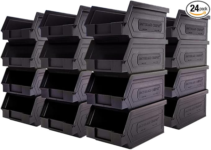 24 Pack Plastic Storage Bins, Hanging, Stackable, Storage Organizer Bin for Warehouses, Workshops 7-Inch x 4-Inch x 3-Inch, Black