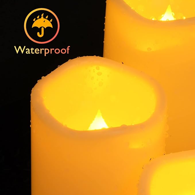 Homemory Waterproof Flameless Candles, Outdoor Indoor Battery Operated LED Pillar Candles with Remote Control and Timer, Plastic, Long Lasting, D3 x H4 4" 5" 5" 6", Set of 5