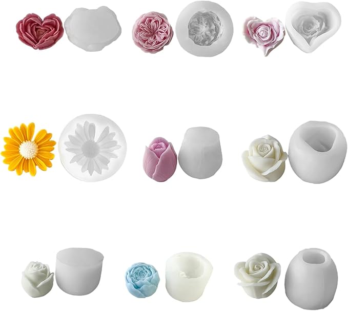 9Pcs Rose Flower Tulip Peony Heart Candle Soap Wax Mold Valentine Day Silicone for Small Butter Candles Chocolate Making Molds Silicones Shapes Moldes De Rosas Silicona para Velas