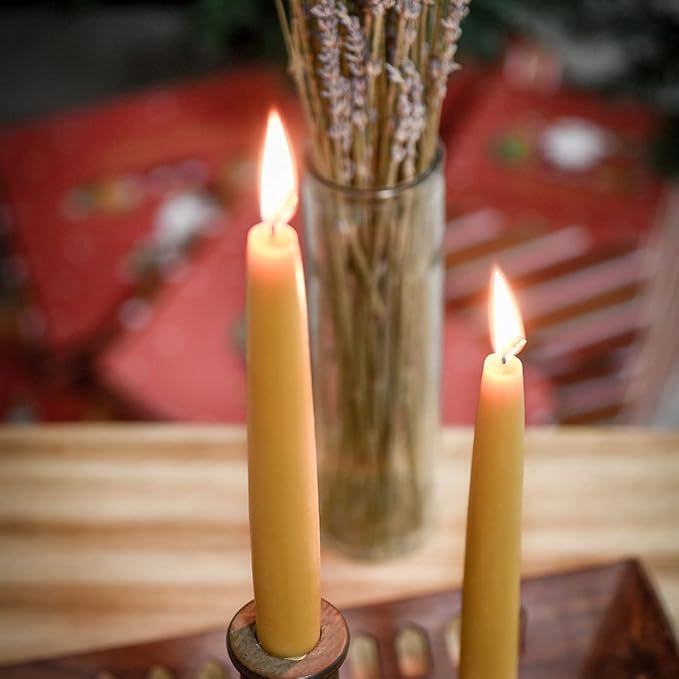 8 inch Natural Beeswax Taper Candles Set of 12, DEYBBY Smokeless and Dripless Beeswax Candles, 8Hrs Burn Time, Nontoxic