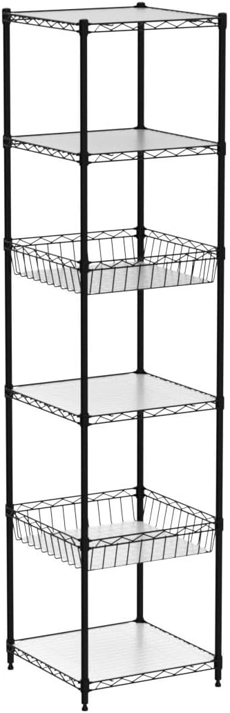 CAPHAUS NSF Adjustable 6 Tier Wire Shelving Unit w/Basket & Liner, Metal Storage Rack Corner Shelves, Storage Rack for Kitchen, Bathroom, Laundry Closet, Metal Wire Shelving w/Basket Shelves Black