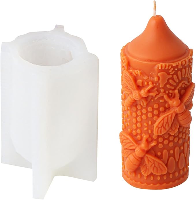 Bee Lace Trim Cylinder Candle Mold, Honeybee Beehive Pillar Silicone Mold for Beeswax Candle, Soy Wax Candle, Plaster Ornament, DIY Crafts (G)
