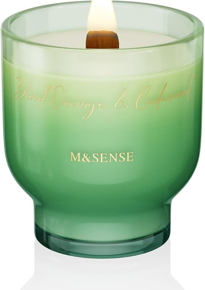 M&SENSE 9.88oz Natural Soy Wax Jar Candle with Wooden Wick | Blood Orange & Cedarwood Scent | 55-Hour Burn & Long-Lasting Burn | Housewarming Gift for Men and Women