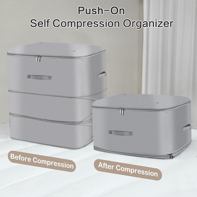 Space Saving Self Compression Organizer,Compression Storage Bags for Bedding and travel,Storage bags for Blankets Duvet Quilts Pillows, Comforter Storage with zippered ventilation holes（Grey XL）