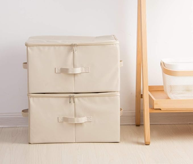 iwill CREATE PRO 3-Pack Beige Folding Storage Boxes with Zip Lid | Collapsible & Stackable Rigid Organizer Bins for Clothes, Blankets, Books