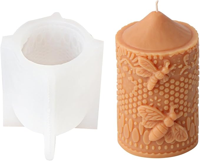 Bee Lace Trim Cylinder Candle Mold, Honeybee Beehive Pillar Silicone Mold for Beeswax Candle, Soy Wax Candle, Plaster Ornament, DIY Crafts (F)