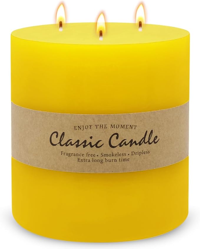 Large 3-Wick Yellow Pillar Candle - 6x6 Inch Dripless & Smokeless Unscented Fat Candle, 120 Hour Long Burning Hand-Poured Thick Candle with Cotton Wicks