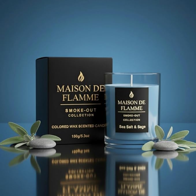 Smoke Odor Eliminating Candle – Sea Salt & Sage Soy Wax Candle for Kitchen, Apartment & Home Smells, Long Lasting Odor Neutralizing Scented Candle, 150g / 5.3 oz – Maison De Flamme