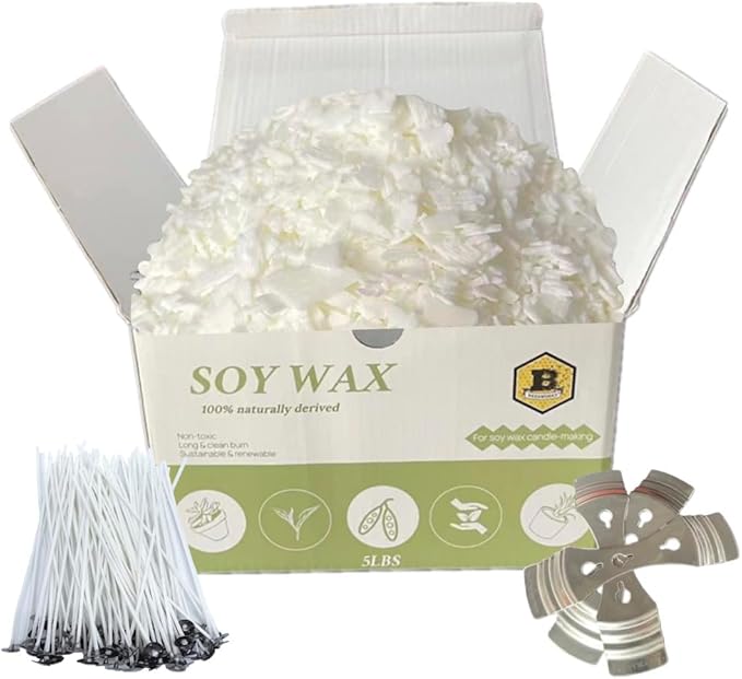 Beesworks Soy Wax | 5lbs Natural Soy Wax Flakes | 100 6-Inch Cotton Candle Wicks, 3 Metal Centering Devices, 5lbs Soy Wax for DIY Candle Making