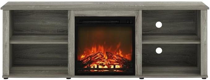 Furnifact French Oak Grey TV Stand with Fireplace, Classic 70-Inch Wood Entertainment Center, Modern Design, Ample Storage, Durable Construction