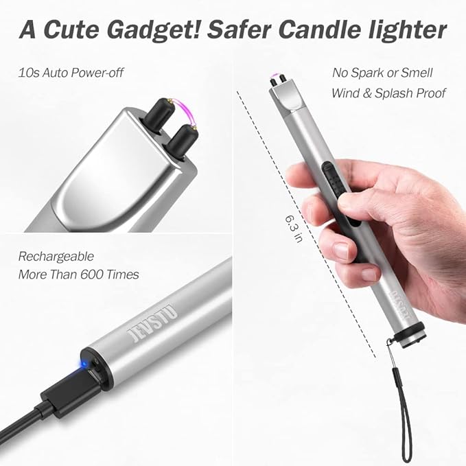 Candle Lighter, Electric USB Rechargeable, Arc Plasma Electronic Windproof Flameless Long Lighter with Safety Switch Hook for Kitchen, Silver and Black