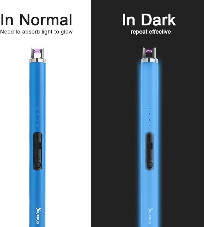 SUPRUS Fluorescent Lighter Glows in The Dark USB Lighter Rechargeable Windproof Pocket Size for Candle Cooking BBQ in Party (Blue)