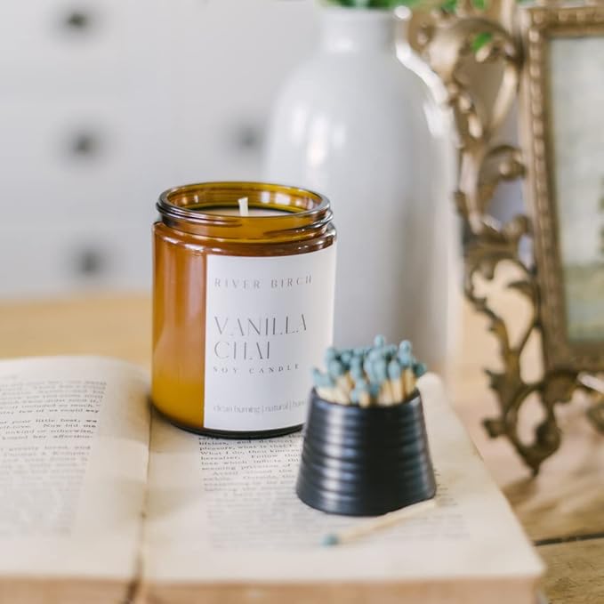 River Birch Candles Vanilla Chai Scented Candle | Premium, All-Natural, Non-Toxic, Soy Amber Jar Candles | 8.5oz 40 Hr Burn Time | Cozy Relaxing Gifts for Home