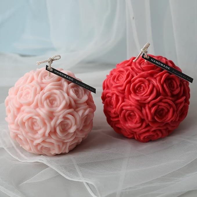 Cestony Valentine's Day 3D Large Rose Ball Candle Silicone Molds for Making Candle Resin Pillar Aromatherapy Gypsum Candles Wax Soap Flower Specimen Clay Craft